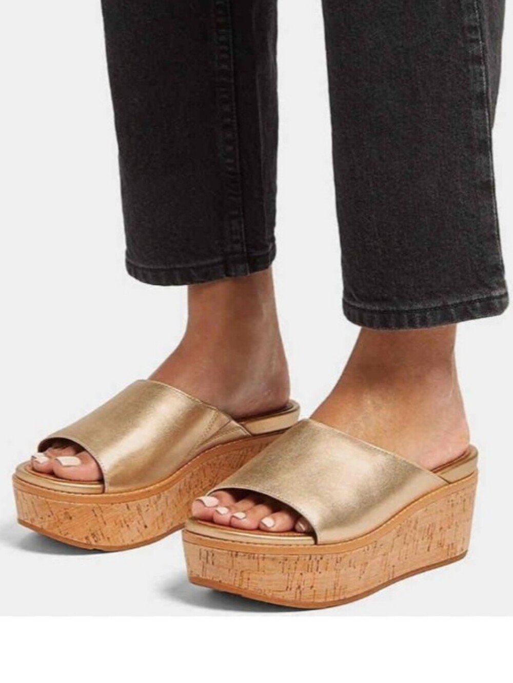 FITFLOP Eloise Metallic Cork Platform Wedge Slide Slipon Mule Sandals